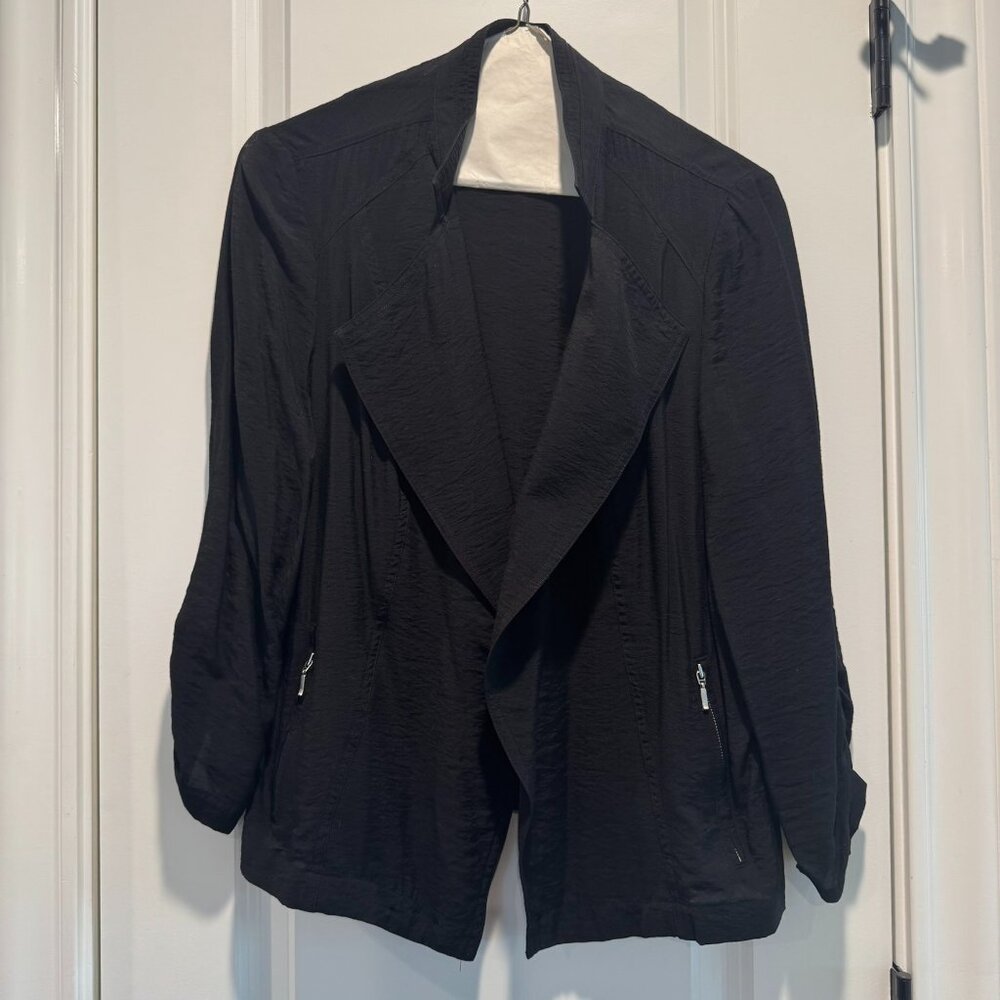 CHICOS Open Front Ponte Jacket, Ruched Sleeve, Black, Large
